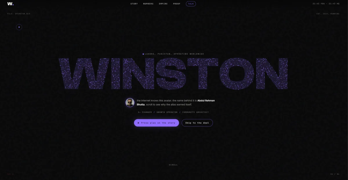 Winston Bhutta's personal website, a dark page with a giant purple WINSTON headline made of pixels