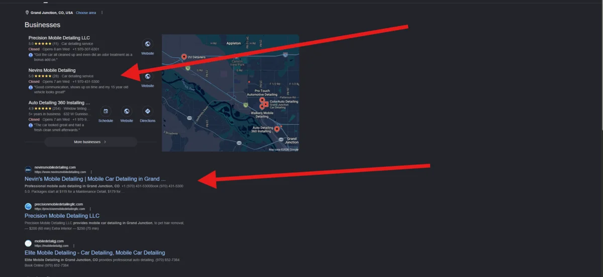 Google search results for mobile detailing grand junction with arrows pointing to Nevin's in the top three businesses and as the first organic result